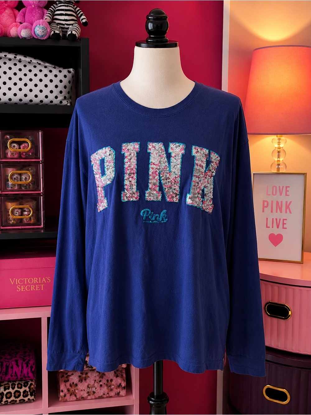 Victoria’s Secret PINK Oversized XS Sequin Logo Long Sleeve Top Blue Sparkle